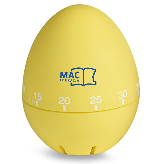 MINUTNIK W KSZTAŁCIE JAJA Z JEDNOKOLOROWYM NADRUKIEM WYDAWNICTWA MAC EDUKACJA. NADRUK WYKONANY TAMPODRUKIEM